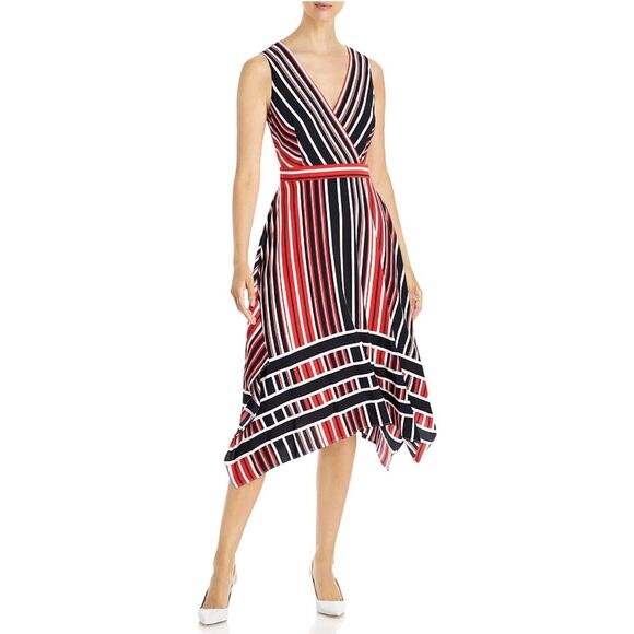KARL LAGERFELD PARIS Womens 4 Striped Handkerchief-Hem Sleeveless Midi Dress - Picture 1 of 14